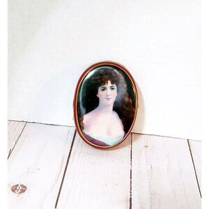 Vintage Rossetti Trinket Box Red Porcelain Oval Hinged Portrait Top 3.5x2.5